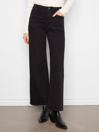 Wide Leg Twill Pants with Patch Pockets by Charlie B in Black - view 4