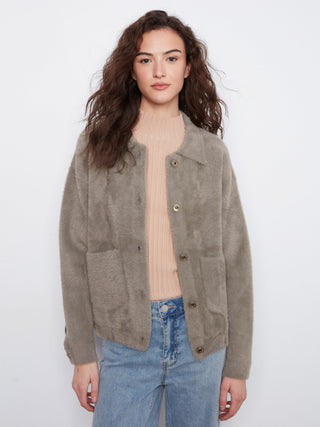 Eyelash Yarn Jacket with Patch Pockets by Charlie B in Verveine