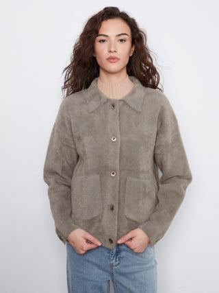 Eyelash Yarn Jacket with Patch Pockets by Charlie B in Verveine - view 5