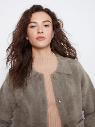 Eyelash Yarn Jacket with Patch Pockets by Charlie B in Verveine - view 7