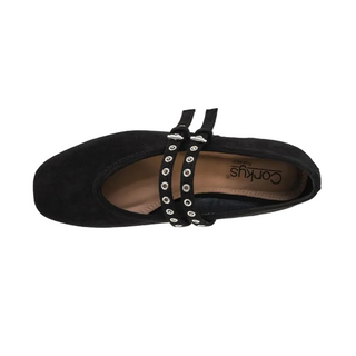 A black suede Mary Jane flat shoe with double straps adorned with silver-tone metal studs, shown from a top-down view on a white background.