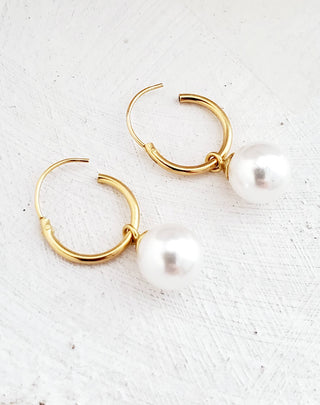 Gold Pearl Huggie Hoops