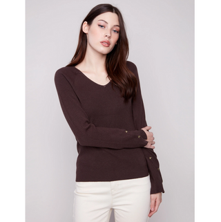 Ribbed V-Neck Sweater w/Heart Rivets