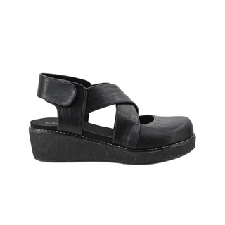 A single black wedge sandal with crisscrossing straps and an ankle strap, shown from a side profile view against a white background.