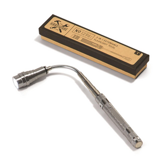 A silver metal Harkmark No. 12261 3-in-1 extensible flashlight tool shown next to its black and tan cardboard packaging box on a white background.
