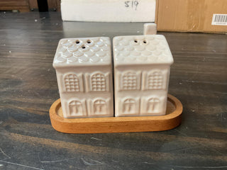 Stoneware House S & P Shakers with Wood Tray