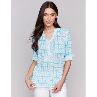 Printed Roll-Sleeve Gauze Blouse
