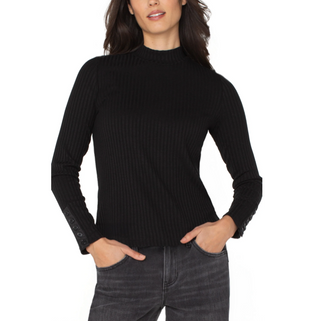 Ribbed Mock-Neck Top with Wrist Buttons