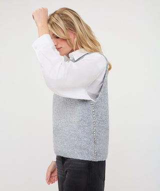 Sleeveless Sweater with Rhinestone Side Detail by EsQualo in Light Grey - view 4