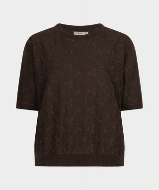 Lace Overlay Short Sleeve Sweater by EsQualo in Cacao - view 6