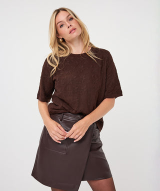 Lace Overlay Short Sleeve Sweater by EsQualo in Cacao