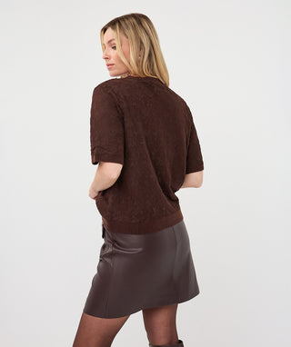 Lace Overlay Short Sleeve Sweater by EsQualo in Cacao - view 2
