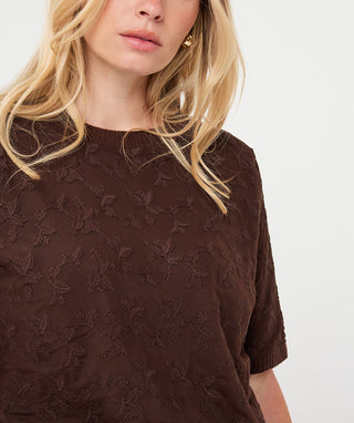 Lace Overlay Short Sleeve Sweater by EsQualo in Cacao - view 4
