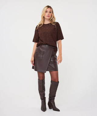 Lace Overlay Short Sleeve Sweater by EsQualo in Cacao - view 5