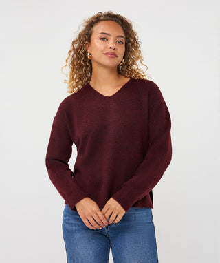 V-Neck Sweater with Cable Detail in Merlot