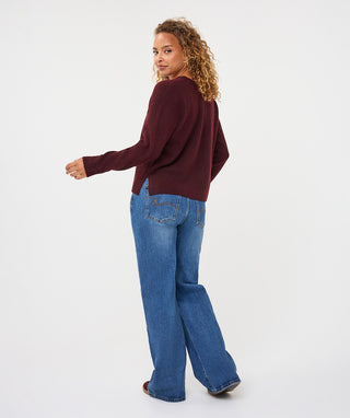V-Neck Sweater with Cable Detail in Merlot - view 2