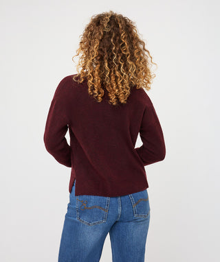 V-Neck Sweater with Cable Detail in Merlot - view 3