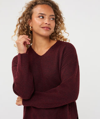 V-Neck Sweater with Cable Detail in Merlot - view 4