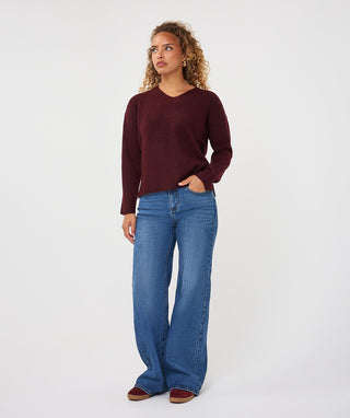 V-Neck Sweater with Cable Detail in Merlot - view 5