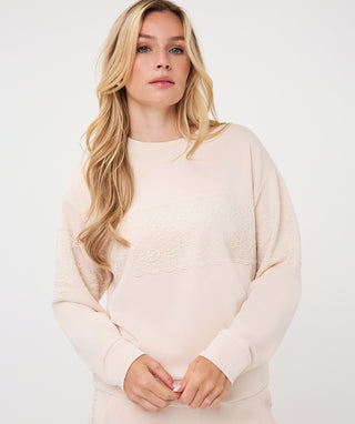 Lace Trim Crew Neck Top by EsQualo in Biscuit - view 4