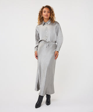 Drawstring Crinkle Satin Maxi Skirt by EsQualo in Light Grey