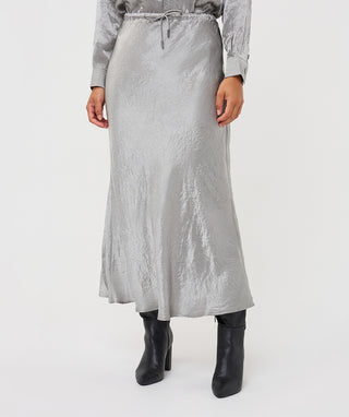 Drawstring Crinkle Satin Maxi Skirt by EsQualo in Light Grey - view 2