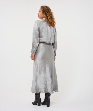 Drawstring Crinkle Satin Maxi Skirt by EsQualo in Light Grey - view 4