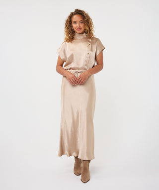 Drawstring Crinkle Satin Maxi Skirt by EsQualo in Sand