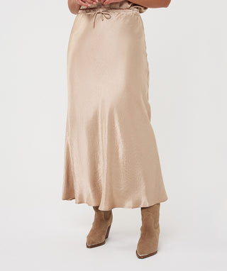 Drawstring Crinkle Satin Maxi Skirt by EsQualo in Sand - view 2