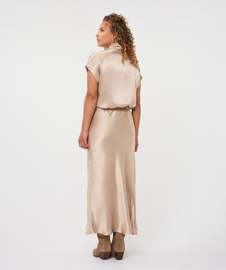 Drawstring Crinkle Satin Maxi Skirt by EsQualo in Sand - view 4