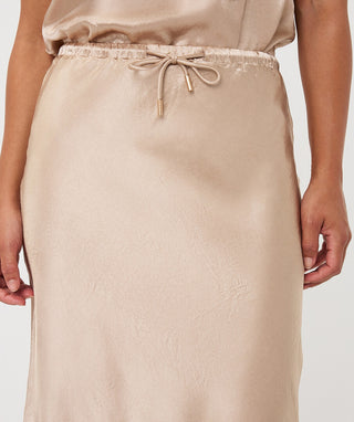 Drawstring Crinkle Satin Maxi Skirt by EsQualo in Sand - view 5