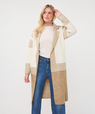 Striped Long Cardigan with Patch Pockets by EsQualo in Sand Melange