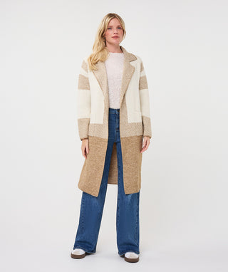 Striped Long Cardigan with Patch Pockets by EsQualo in Sand Melange - view 2