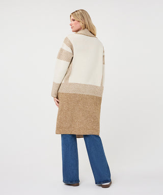 Striped Long Cardigan with Patch Pockets by EsQualo in Sand Melange - view 3