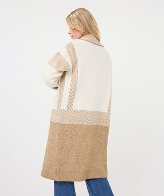 Striped Long Cardigan with Patch Pockets by EsQualo in Sand Melange - view 4