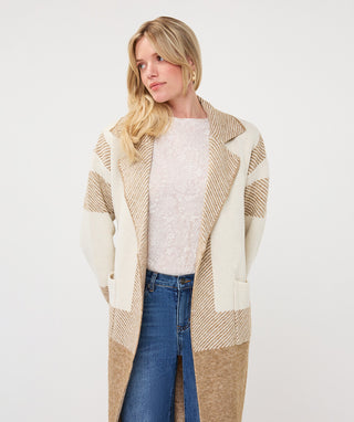 Striped Long Cardigan with Patch Pockets by EsQualo in Sand Melange - view 5