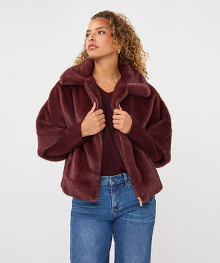 Faux Fur Poncho Jacket by EsQualo in Merlot