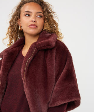 Faux Fur Poncho Jacket by EsQualo in Merlot - view 4