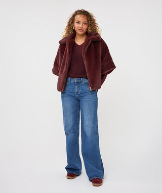 Faux Fur Poncho Jacket by EsQualo in Merlot - view 5