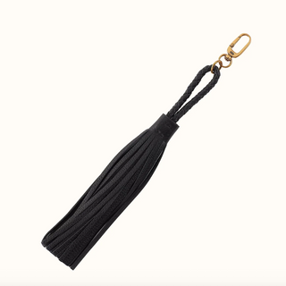 Black leather tassel with braided loop and brass carabiner on a white background.