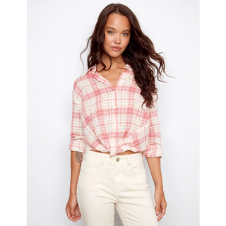 Plaid Twist-Front Shirt - dolly mama boutique