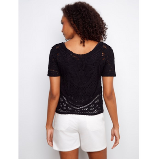 Short-Sleeve Crochet Sweater with Buttoned Back - dolly mama boutique