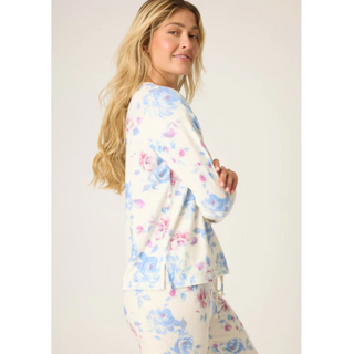 Rose Print Waffle-Knit Henley Top