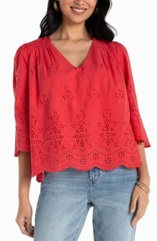 Eyelet V-Neck 3/4 Sleeve Top